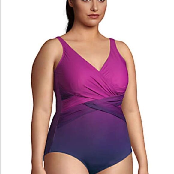 Land’s End Plus size Slenderize one piece Swim Ombré crossover soft cup Various - Picture 3 of 5
